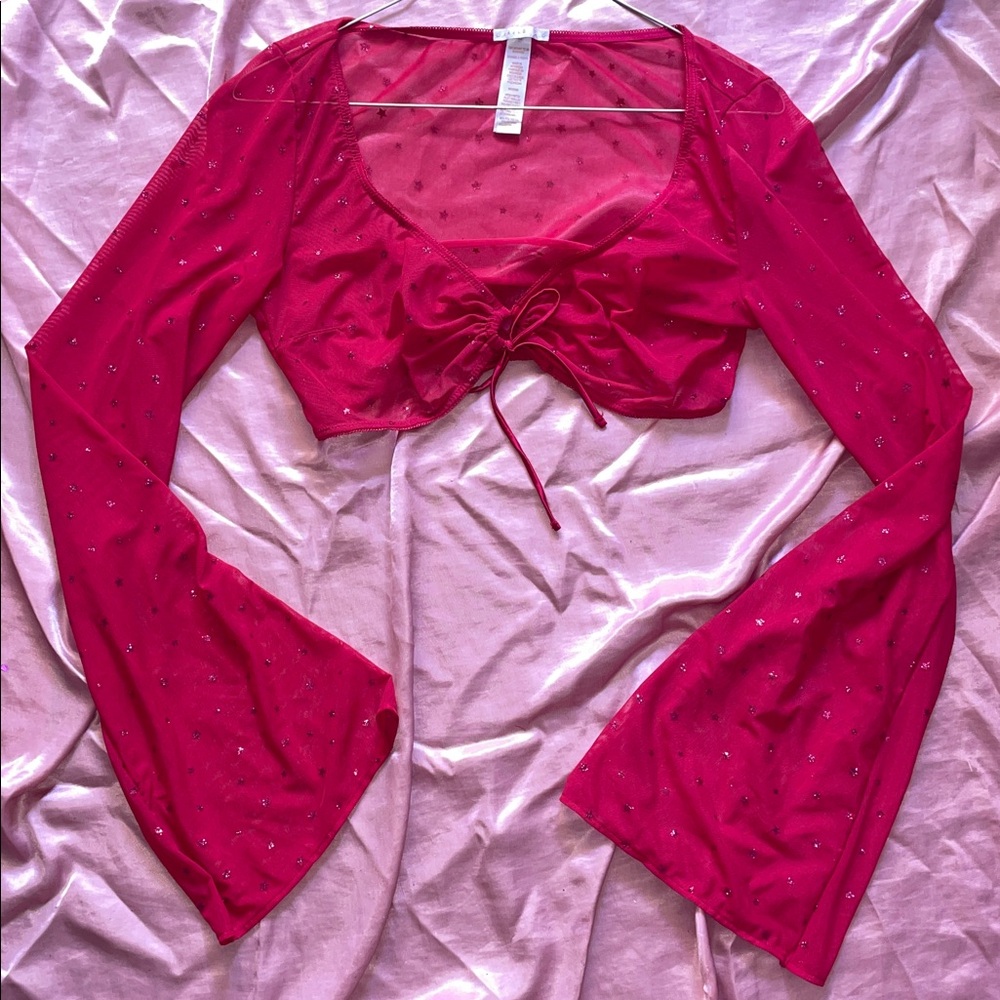 Savage X Fenty Fuchsia Long-Sleeve Mesh Crop Top with Rhinestones